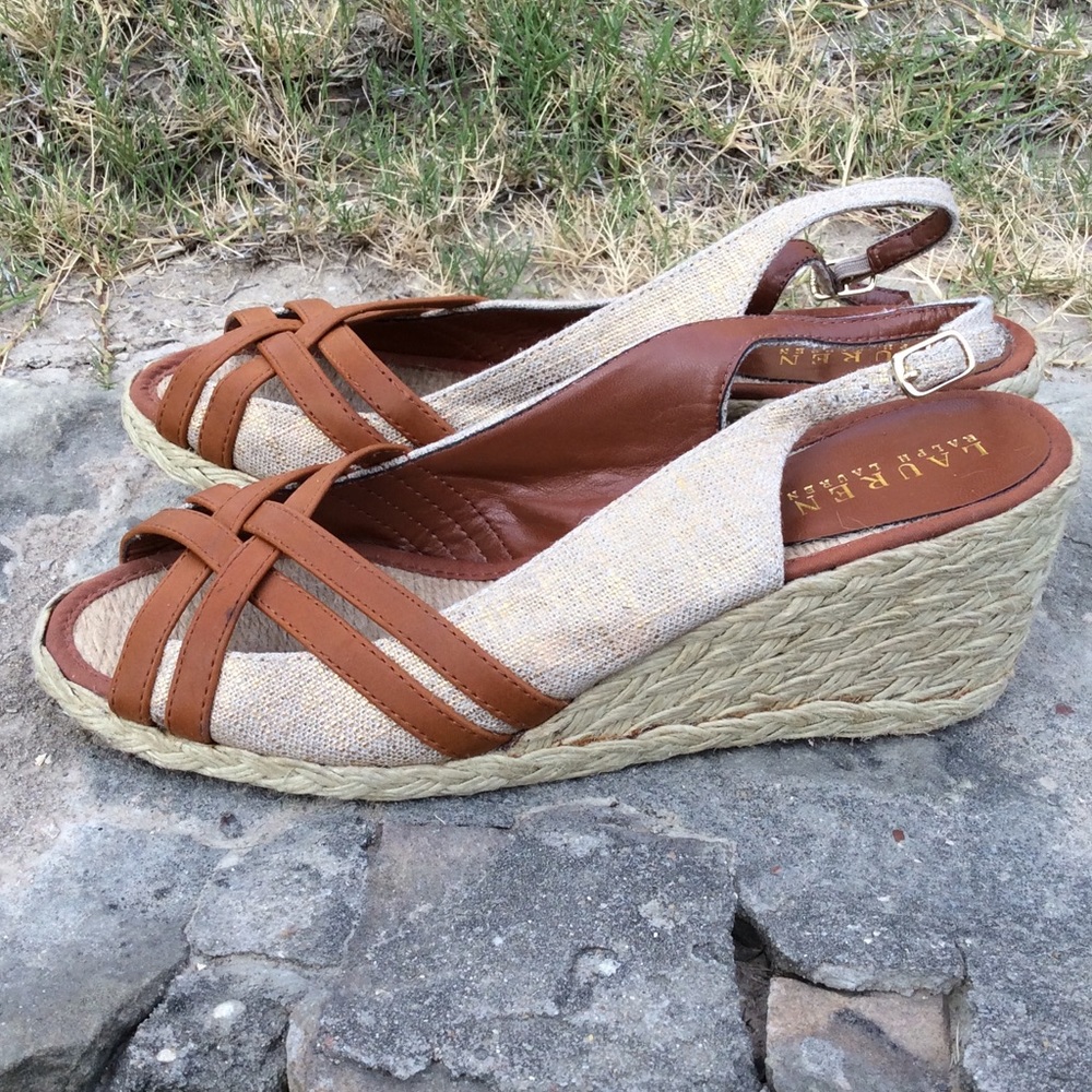 LAUREN RALPH LAUREN ESPADRILLE PEEP TOE WEDGES